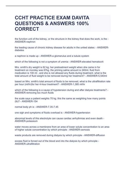 CCHT PRACTICE EXAM DAVITA QUESTIONS & ANSWERS 100% CORRECT - DAVITA ...