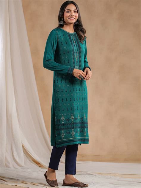 Warm Green Acrylic Ethnic Motif Printed Kurta Set With Jacquard Knitte