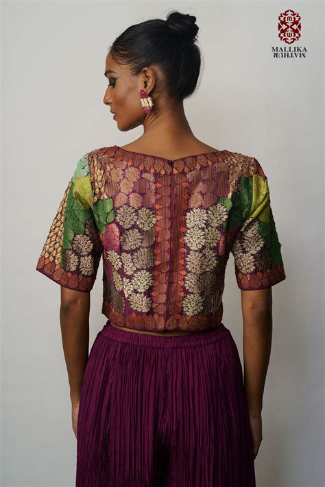 'Banaras Bloom' crop top applique aubergine | Mallika Mathur
