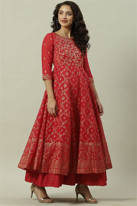 Red Art Silk Anarkali Printed Kurta Dress at Biba India