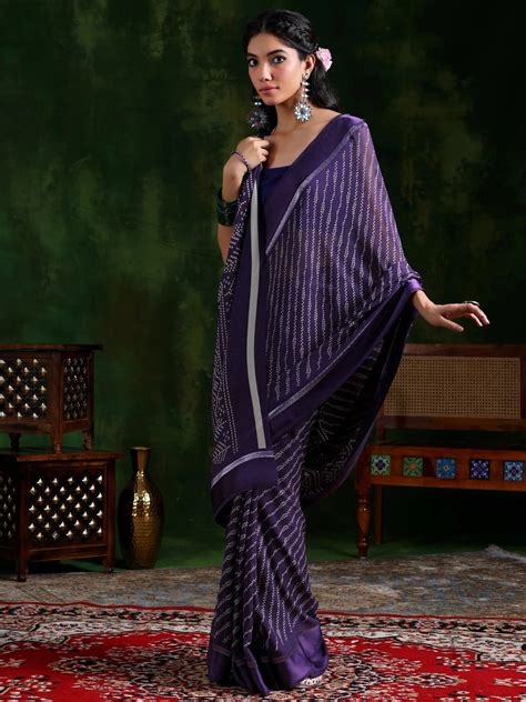 Buy Purple Printed Satin Saree With Unstitched Blouse Piece Online at ...