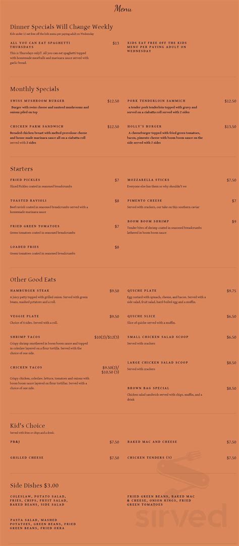 Eatin' in the Attic menu in Hartselle, Alabama, USA