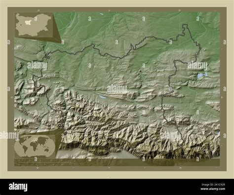 Lovech, province of Bulgaria. Elevation map colored in wiki style with lakes and rivers. Corner ...