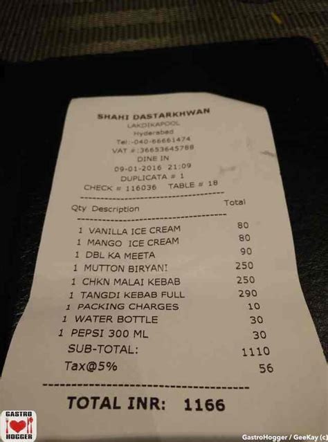 Menu at Shahi Dastarkhwan, Hyderabad