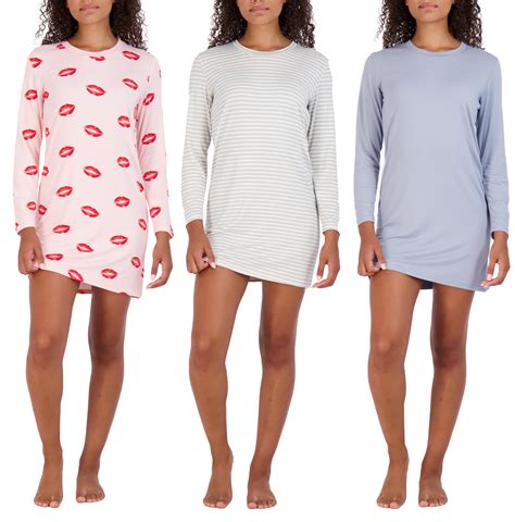 3 Pack: Women's Nightshirt Long Sleeve Ultra-Soft Print Nightgown Sleep ...