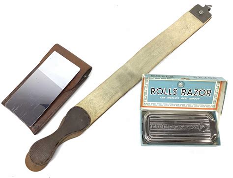 Lot - Vintage Barber Shop Razor, Leather Strop & Mirror