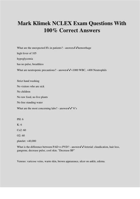 Mark Klimek NCLEX Exam Questions With 100% Correct Answers - NCLEX ...