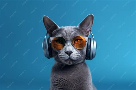 Premium Photo | Portrait of a gray cat with headphone on a blue background