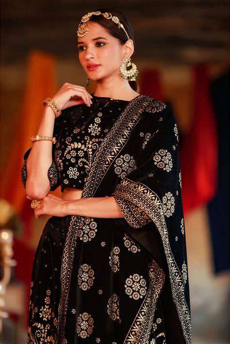 Black Ethnic Motif Velvet Lehenga Choli & Dupatta Set | Juniper