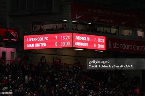 The LED Scorebaord showing the scoreline of Liverpool 7-0 Manchester ...