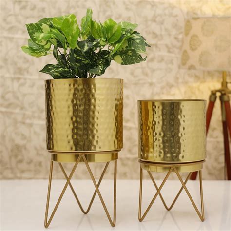 HomeShastra® Elle Gold Hammered Metal Planter Set with Stand | 13.5 ...