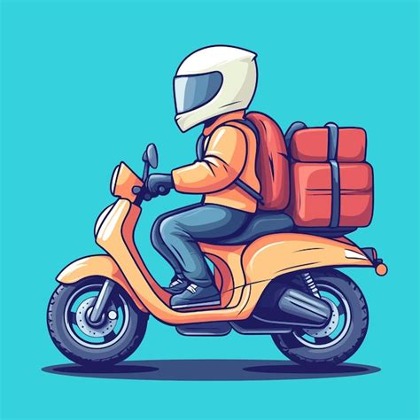 A drawing of a person on a scooter with a red backpack on the back ...