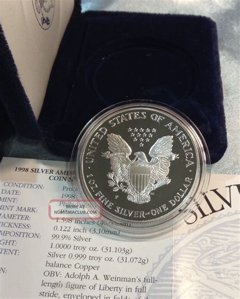 1998 - P Proof Silver American Eagle - 1 0z. Silver Coin - - W/box ...