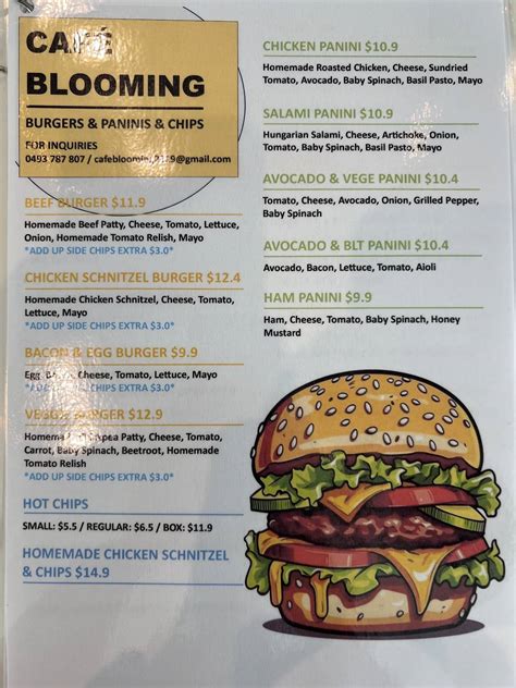 Menu at CAFE BLOOMING, West Perth