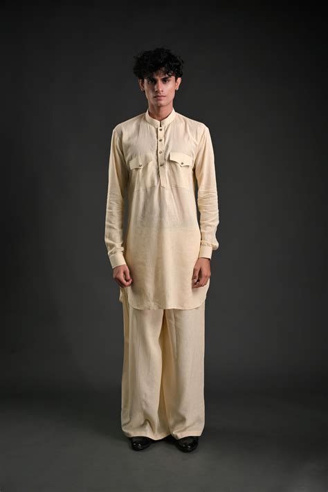 Classic Cream Linen Blend Pathani Suit with Flared Pants – Rochaldas Sons