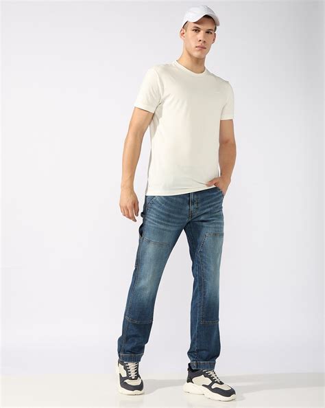 Mid-Rise Carpenter Fit Light Wash Patched Jeans