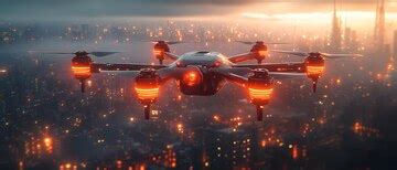A drone or unmanned aerial vehicle hovers above a busy metropolis in ...
