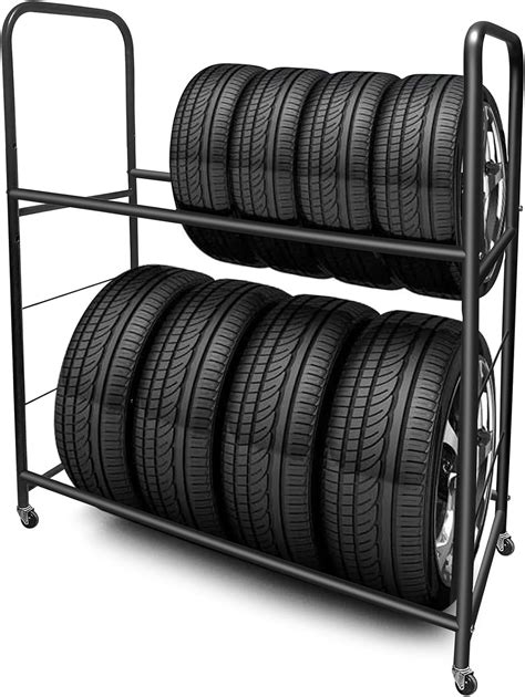 Tire Rack Storage Garage Shelves Tire Storage Shelf with 4 Wheels Black ...