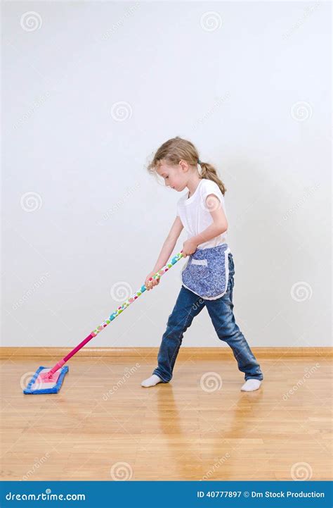 Little Cute Girl Mopping Floor. Stock Image - Image of achievement ...