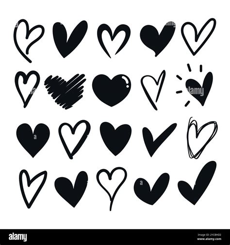Set of different shaped black heart icons. Hand drawn doodle vector ...
