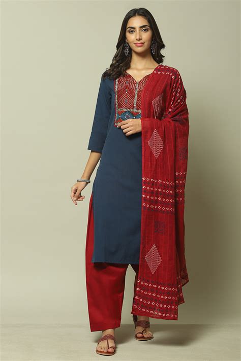 Blue Cotton Blend Woven Unstitched Suit Set