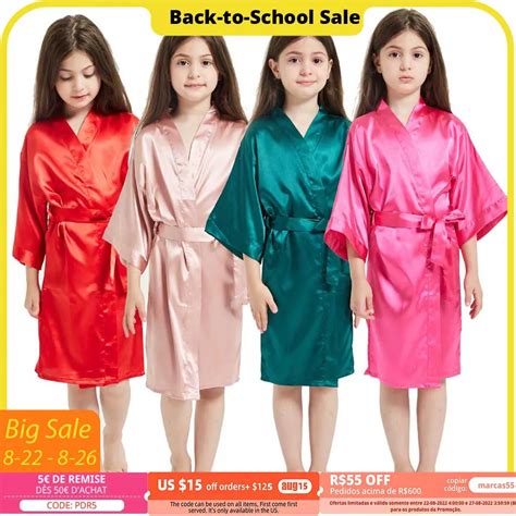 3-13y Boy Girl Bathrobe Pink Satin Silk Kids Robes Summer Sleepwear ...