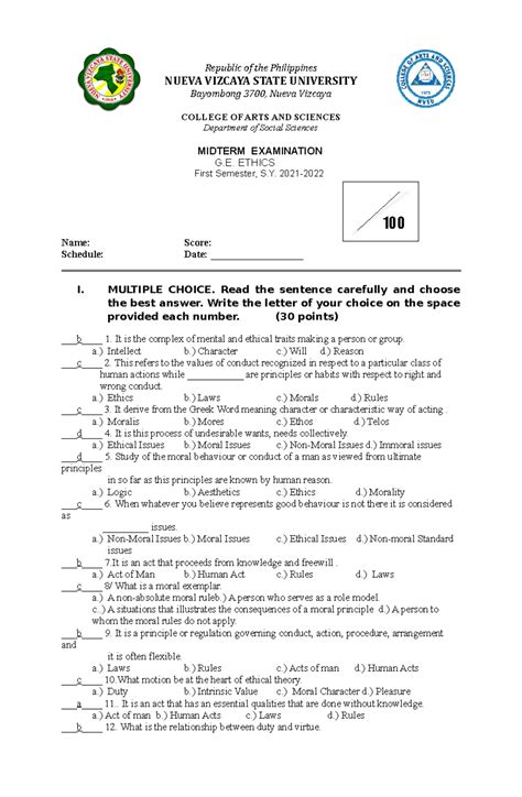Midterm EXAM IN GE Ethics - Republic of the Philippines NUEVA VIZCAYA STATE UNIVERSITY Bayombong ...