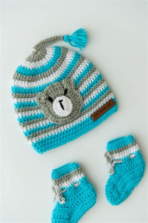 Handmade Crochet Self Design Cap & Booties- Blue & Grey – The Original Knit