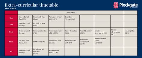 Extracurricular Activity Timetables – Pleckgate High School