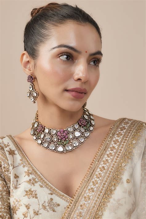 Florence Silver Plated Pink Womens Kundan, Polki Short Necklace Set wi