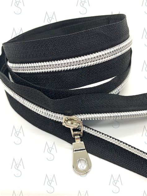 Silver Nylon Coil Zipper with Black Tape & Nickel Pulls - Zipper by the ...