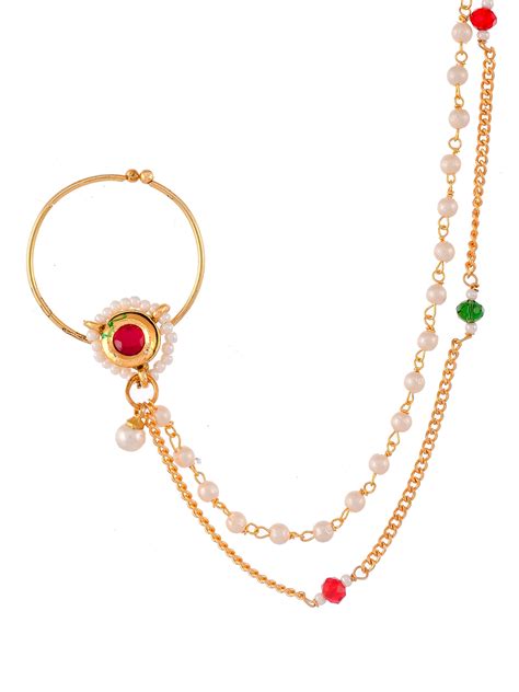 Buy Gold Plated White & Red Stone Studded & Pearls Beaded Nose Ring for ...