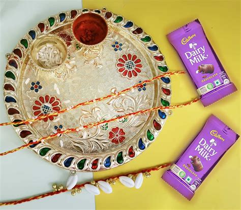 CraftVatika Moli Rakhi Set of 3 with Chocolate and Puja Plate Thali ...