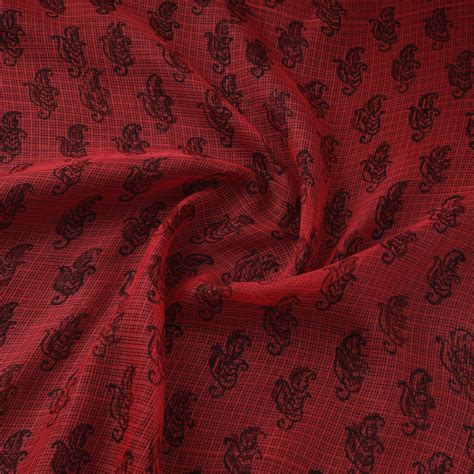 Red Natural Dyed Kota Doria Cotton Hand Block Bagh Print Fabric