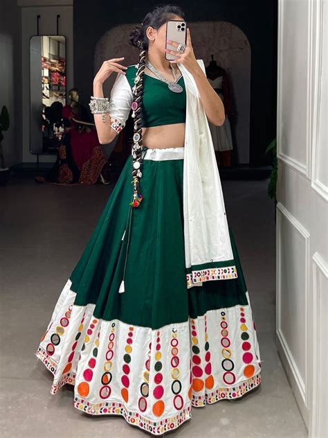 Shop Green Mirror Work Pure Cotton Navratri Lehenga Choli From Ethnic Plus