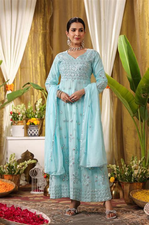 Shop Aqua Mulmul Mirror & Sequin Embroidered Anarkali Suit Set With ...