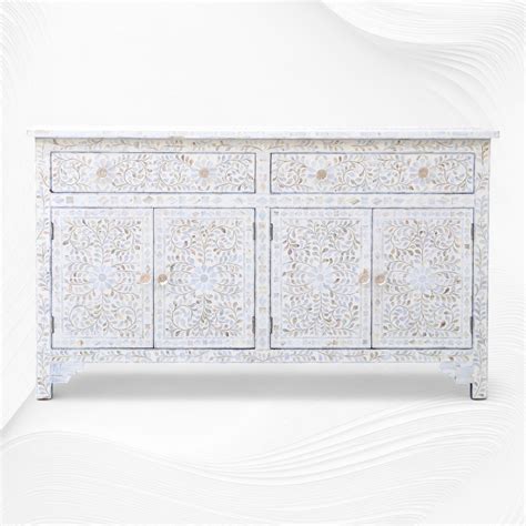 Mother Of Pearl Inlay Floral Sideboard Beige – Luxury Handicrafts