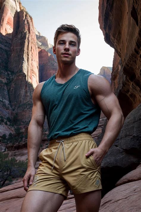 Arafed man in a green shirt and tan shorts standing in front of a canyon - SeaArt AI