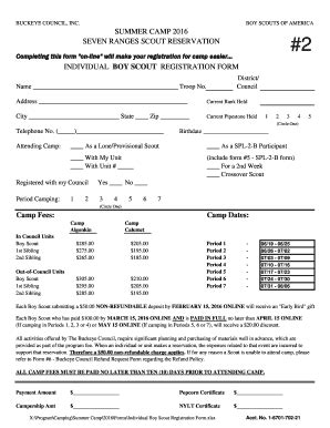 Fillable Online buckeyecouncil SUMMER CAMP 2016 SEVEN RANGES SCOUT ...
