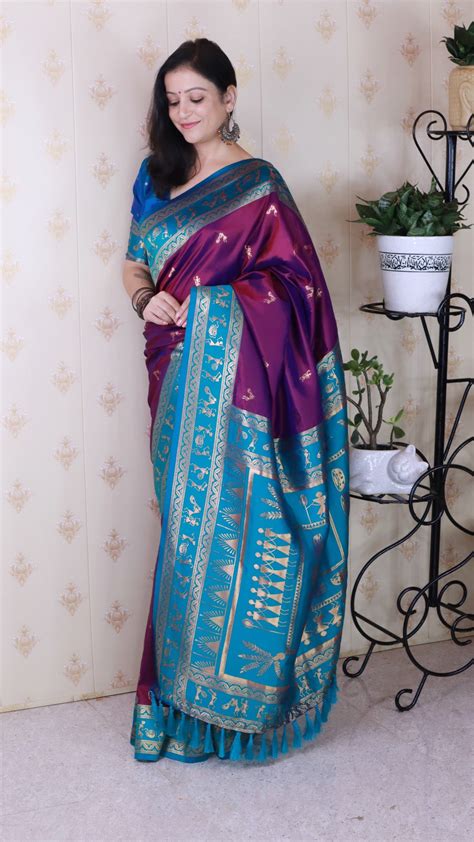 Purple Soft Silk Zari Woven Warli Art Traditional Saree – Elite Weaves