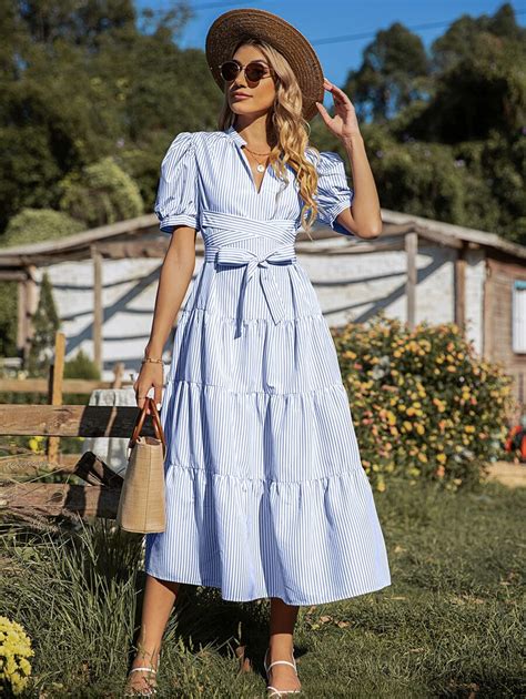 Breezaya Vertical Striped Puff Sleeve Criss Cross Tie Front Smock Dress ...