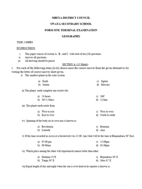 Image result for Form 1 Geography Test