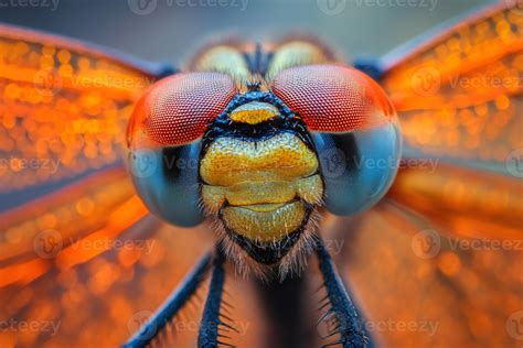 Extreme close up of dragonfly head showing compound eyes and mouthparts ...
