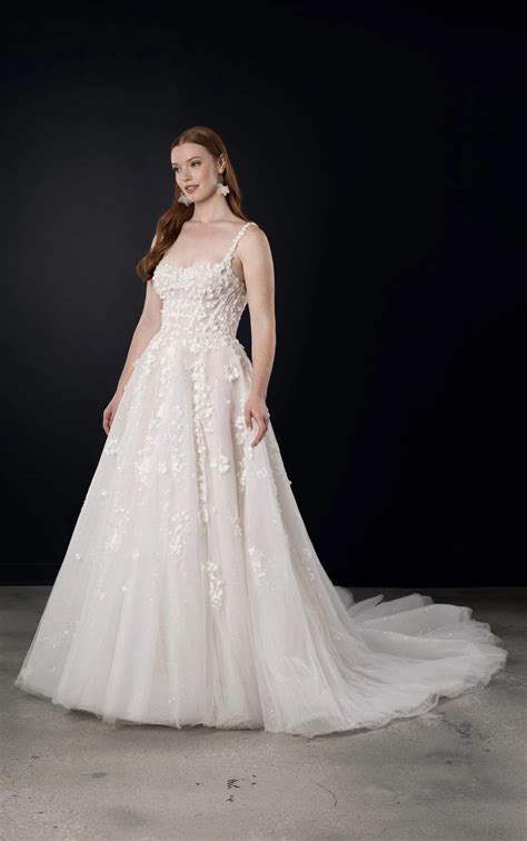 Romantic 3D Floral Wedding Dress with Square Neckline