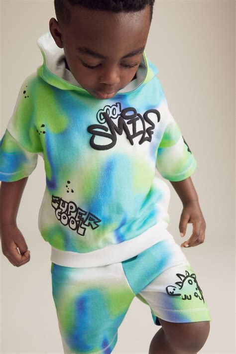 Blue/Green Tie Dye Graffiti 100% Cotton Short Sleeve Hooded Sweatshirt ...