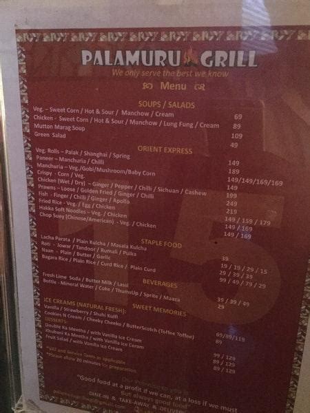 Menu at Palamuru Grill Restaurant, Warangal