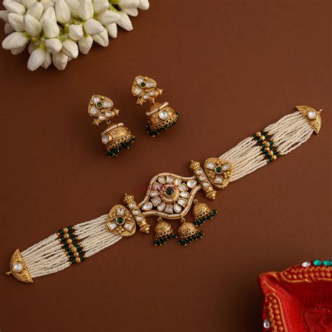 Dazzling Kundan Pearl Choker - Green – AJ Punnagai