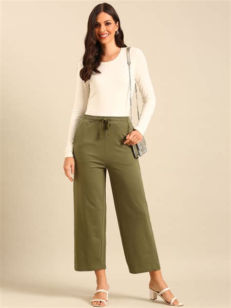 Ladies Wide Leg Casual Pant Olive Green – De Moza
