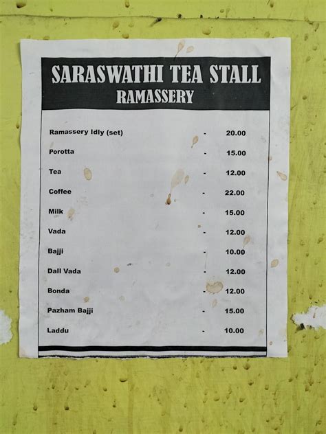 Menu at Sree Saraswathy Tea Stall, Elappully