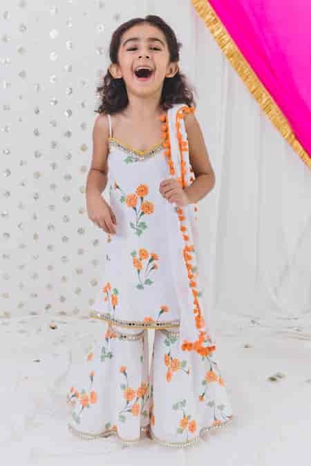 Buy White Georgette Pom-poms Marigold Bloom Kurta Sharara Set For Girls ...